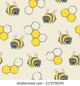 Seamless cute bees pattern. Vector honey illustration.