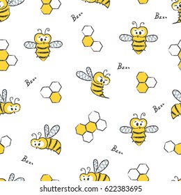 Seamless cute bees pattern. Vector honey background.