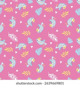 Seamless Cute Bird and Leaf Pattern on Pink Background – Whimsical Hand-Drawn Nature Design