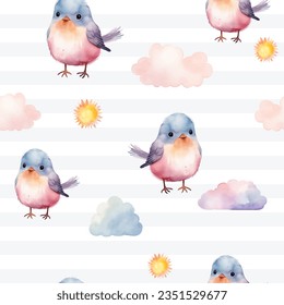 Seamless cute bird pattern. Watercolor exotic bird vector background in pastel colors