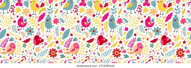Seamless cute birds and floral pattern in bright playful colors. Hand-drawn whimsical design perfect for kids products, textiles, wrapping paper, wallpapers, stationery and spring or summer themes