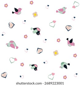 Patrón lindo inconsútil de los pájaros y de los corazones con las flores en el fondo blanco