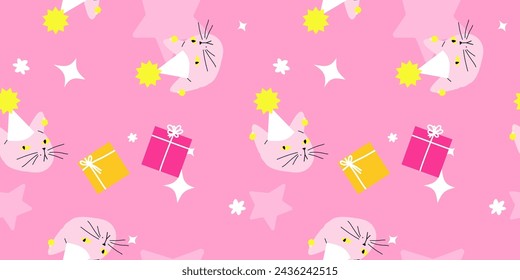 Seamless cute birthday cat pattern. Repeating texture with presents, stars and hats. Adorable wrapping paper template. Birthday or new year celebration background. 