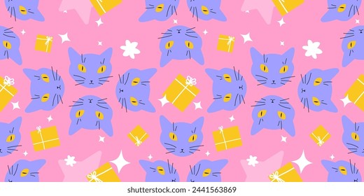 Seamless cute birthday cat pattern. Repeating texture with presents, stars and hats in modern colour combination. Adorable wrapping paper template. Birthday or new year celebration background.