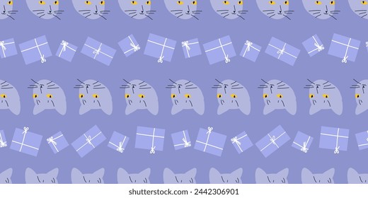 Seamless cute birthday cat pattern. Repeating texture with heads and presents. Simple wrapping paper template. Birthday or new year celebration background.