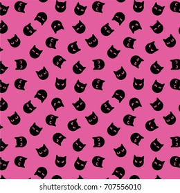 Seamless cute black kitty heads on dark pink background. Packaging design or scrapbook paper. Vector illustration.