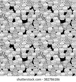 Seamless cute black and white cupcake doodle pattern. It includes yummy deserts with icing, cherry, strawberry, cream, chocolate, sprinkles, etc.