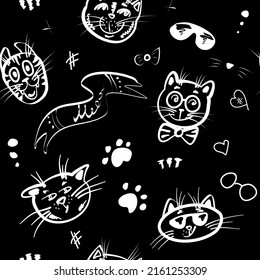 Seamless cute black and white pattern with cool cats and details. Linear pattern with white lines on a black background.