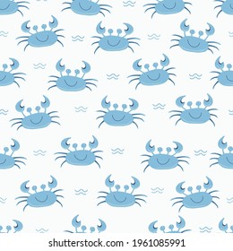 Seamless cute blue crab pattern, cartoon hand drawn animal doodles. Vector illustration background. Funny crabs with waves.