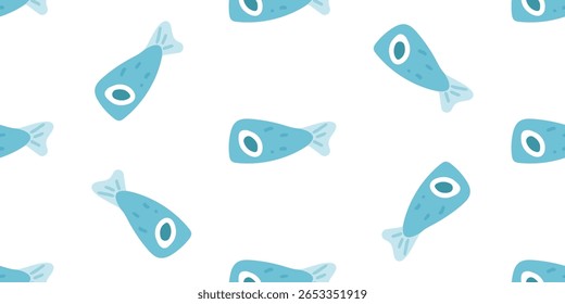 Seamless Cute Blue Fish Pattern. Seamless pattern with simple cartoon fish in light blue tones on white background. Flat marine design with playful and minimal shapes.