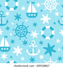 Seamless cute blue marine pattern