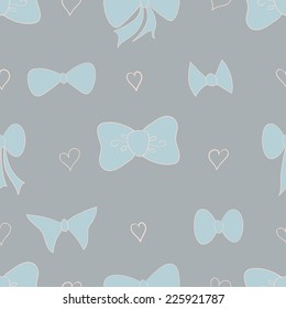 Seamless cute blue pattern with hand-drawn bows and hearts for girls