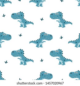 Seamless Cute Blue T-Rex Pattern in White Background