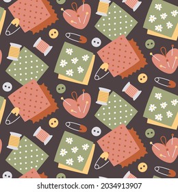 Seamless cute boho vector pattern with sewing buttons, fabric, fabric swatches, pins, spool of thread, threads, needles, needle box