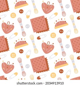 Seamless cute boho vector pattern with sewing buttons, fabric, fabric swatches, pins, spool of thread, threads, needles, needle box