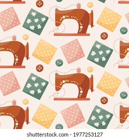 Seamless cute boho vector sewing and knitting pattern with fabric, buttons, fabric swatches, sewing machine, thread