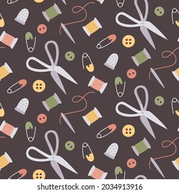Seamless cute boho vector sewing and pattern with scissors, buttons, pins, spool of thread, threads