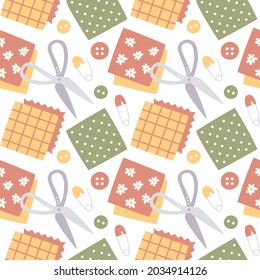 Seamless cute boho vector sewing and pattern with scissors, buttons, fabric, fabric swatches, pins, spool of thread, threads