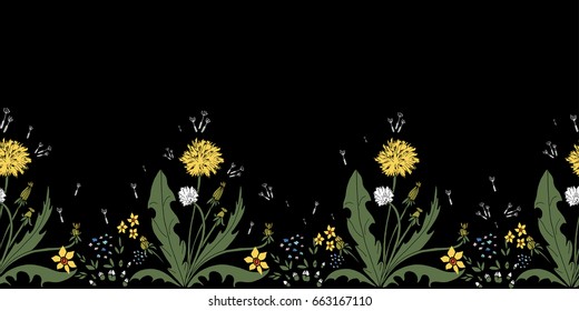 Seamless cute border in small meadow flowers. Millefleur. Floral background for textile, wallpaper, pattern fills, covers, surface, print, wrapping, scrapbooking, decoupage.