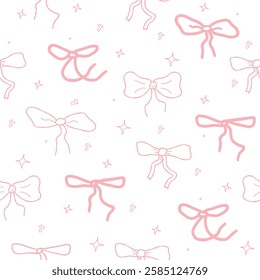 Seamless cute bow pattern. A repetitive cute background with hand-drawn bows. The repetitive design of modern colors for print. pink design for a girl. A simple pattern of print, paper,  textile