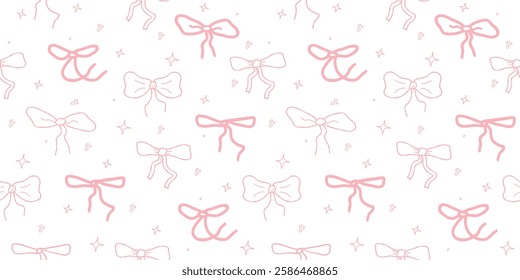 Seamless cute bow pattern. A repetitive cute background with hand-drawn bows. The repetitive design of modern colors for print. pink design for a girl. A simple pattern of print, paper,  textile