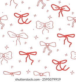 Seamless cute bow pattern. A repetitive cute background with hand-drawn bows. The repetitive design of modern colors for print. pink design for a girl. A simple pattern of print, paper,  textile