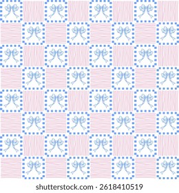Seamless Cute Bow and Stripe Checkerboard Pattern in Pastel Blue and Pink