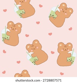 copos de abraço de ursos pardos bonitos sem costura de chá de leite verde bolha   padrão   com mini corações em fundo rosa , vetor , ilustração