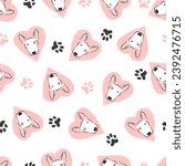 Seamless cute bull terriers pattern. Vector funny dogs and hearts illustration