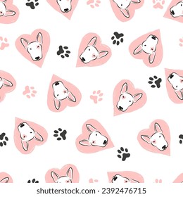 Seamless cute bull terriers pattern. Vector funny dogs and hearts illustration