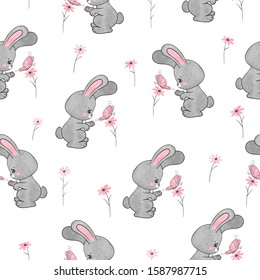 Seamless cute bunny pattern. Vector illustration of rabbit with flowers.