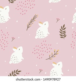 Seamless Cute Bunny Rabbit Pattern on Pink Pastel Background with Floral Elements.
Perfect for background, gift wrapping, kids clothing, etc.