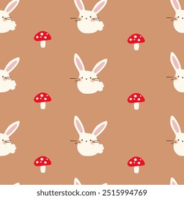 Seamless cute bunny, rabbit pattern with little mushrooms in cartoon style. Cute trendy design. Vector funky illustration. Brown background, autumn.