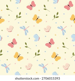 Patrón lindo inconsútil de la mariposa y de la libélula con los colores pastel y los Elementos botánicos Pequeños en un fondo claro.