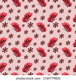 Seamless cute butterfly pattern with flowers.Pink editable background vector illustration