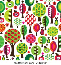 Seamless cute butterfly tree apple and pear pattern in vector