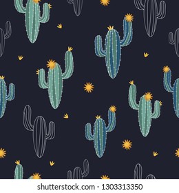 Seamless cute cactus floral surface pattern background vector illustration for design