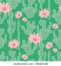 Seamless cute cactus flower vector pattern