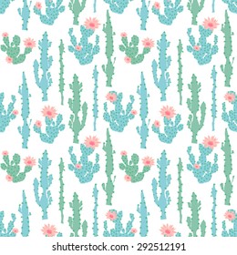 Seamless cute cactus flower vector pattern