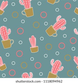 Seamless cute cactus pastel colors. Trendy pattern unusual botanical summer fashion vector illustration.