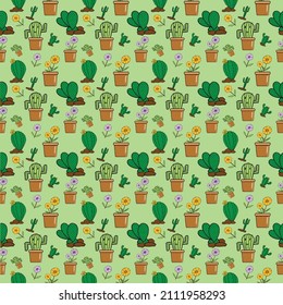 Seamless cute cactus tree and plat flower pattern background, fabric pattern coluful funny character cover and wallpaper 