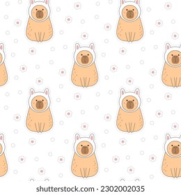 Seamless cute capybara in bunny costume, print for children's clothing and design elements