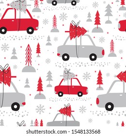 Seamless cute car bring Christmas tree with red and white colored, vector illustration