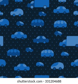 Seamless cute car pattern for baby boy. Cartoon car pattern on the dark blue background.