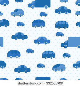 Seamless cute car pattern for baby boy. Cartoon car pattern on the light background.