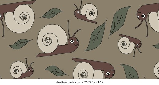 Seamless cute cartoon background with snail and leaf. Autumn background in discreet shades for textiles, wrapping paper, web design, wallpaper. The image is drawn by hand.