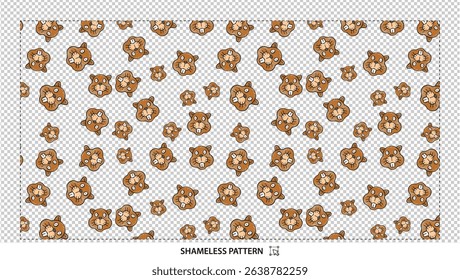 Seamless cute cartoon beaver pattern with brown forest animals on transparent background