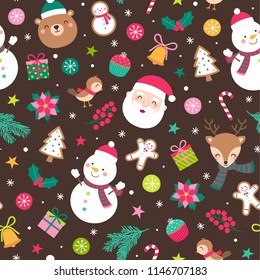 Seamless of cute cartoon character and decorative elements for christmas and new year background
