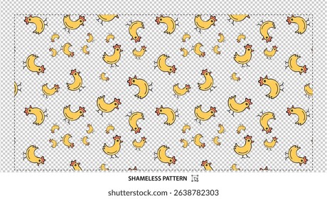 Seamless cute cartoon chicken pattern with playful yellow farm animals on transparent background