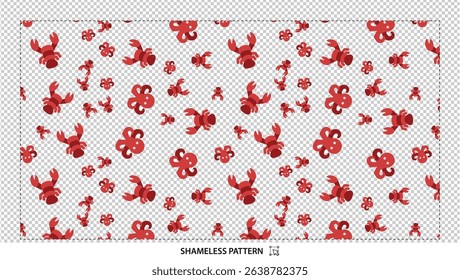 Seamless cute cartoon crab pattern with red marine animals on transparent background